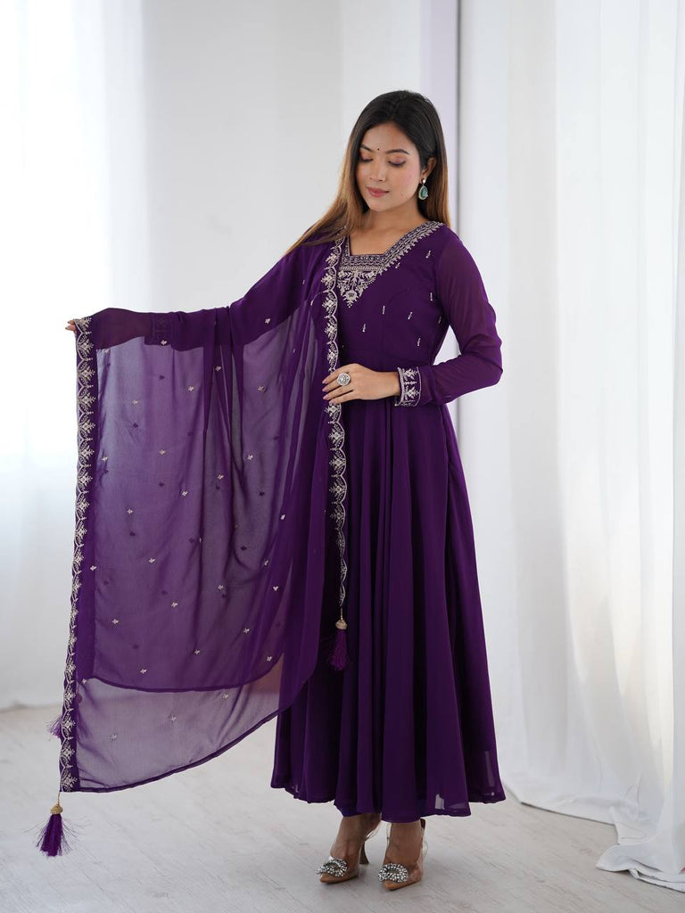 Purple Premium Soft Fox Georgette Fully Flared Anarkali Set with Dupatta & Pant Clothsvilla