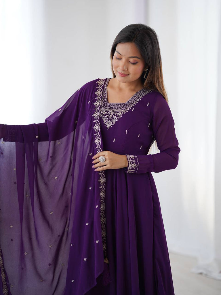 Purple Premium Soft Fox Georgette Fully Flared Anarkali Set with Dupatta & Pant Clothsvilla