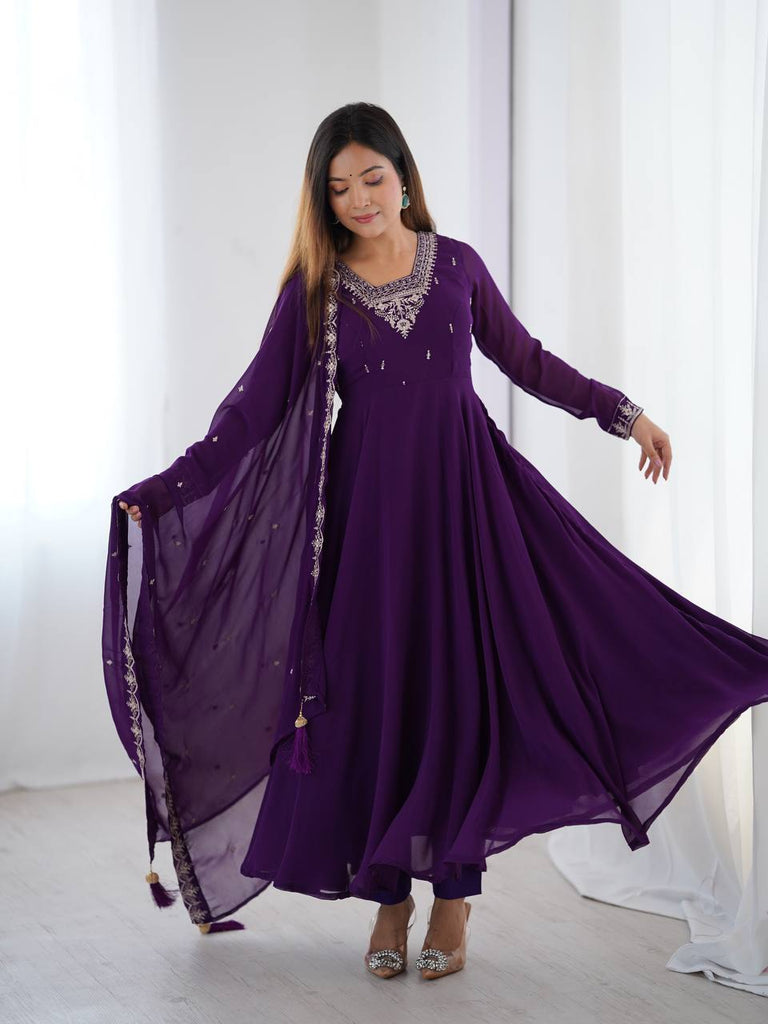 Purple Premium Soft Fox Georgette Fully Flared Anarkali Set with Dupatta & Pant Clothsvilla