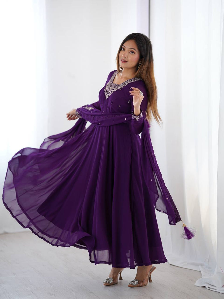 Purple Premium Soft Fox Georgette Fully Flared Anarkali Set with Dupatta & Pant Clothsvilla