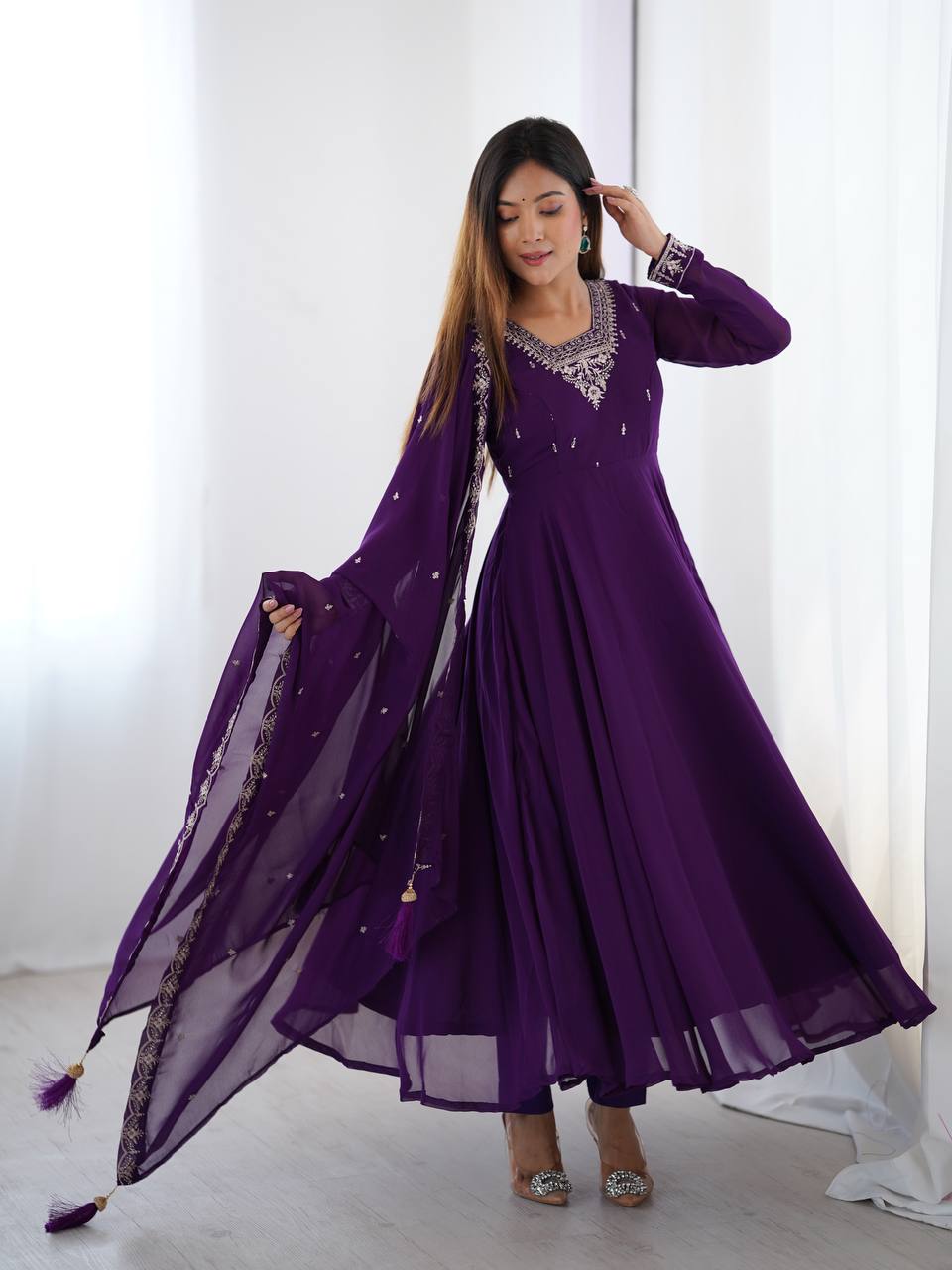 Purple Premium Soft Fox Georgette Fully Flared Anarkali Set with Dupatta & Pant Clothsvilla