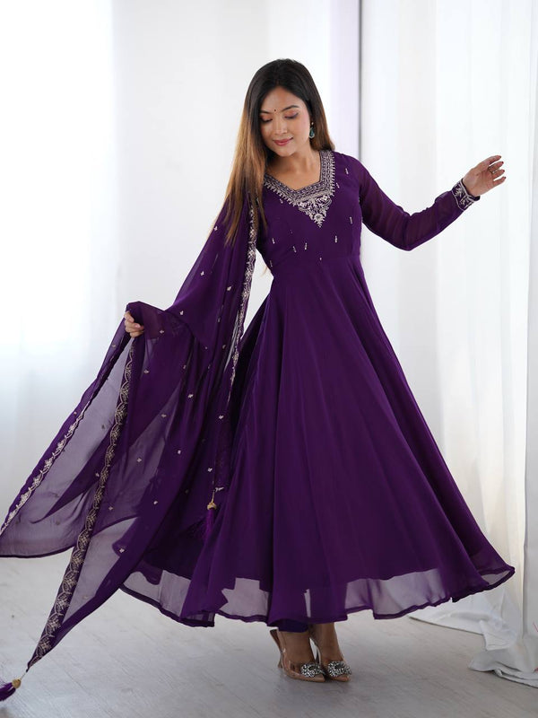 Purple Premium Soft Fox Georgette Fully Flared Anarkali Set with Dupatta & Pant Clothsvilla