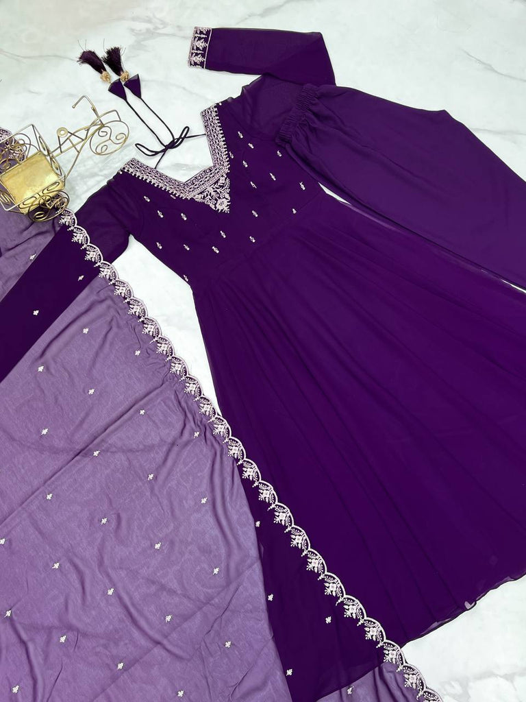 Purple Premium Soft Fox Georgette Fully Flared Anarkali Set with Dupatta & Pant Clothsvilla
