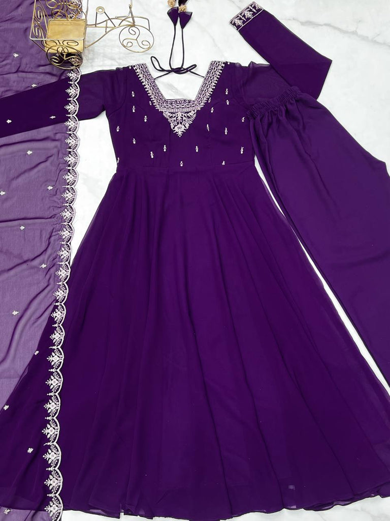 Purple Premium Soft Fox Georgette Fully Flared Anarkali Set with Dupatta & Pant Clothsvilla