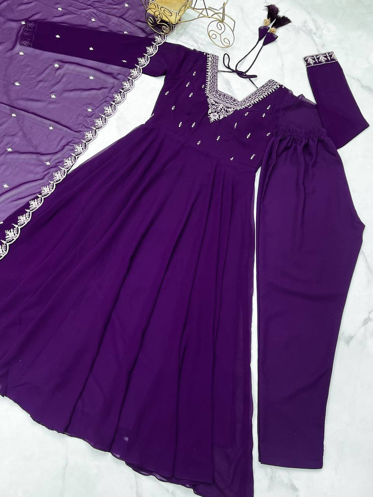 Purple Premium Soft Fox Georgette Fully Flared Anarkali Set with Dupatta & Pant Clothsvilla