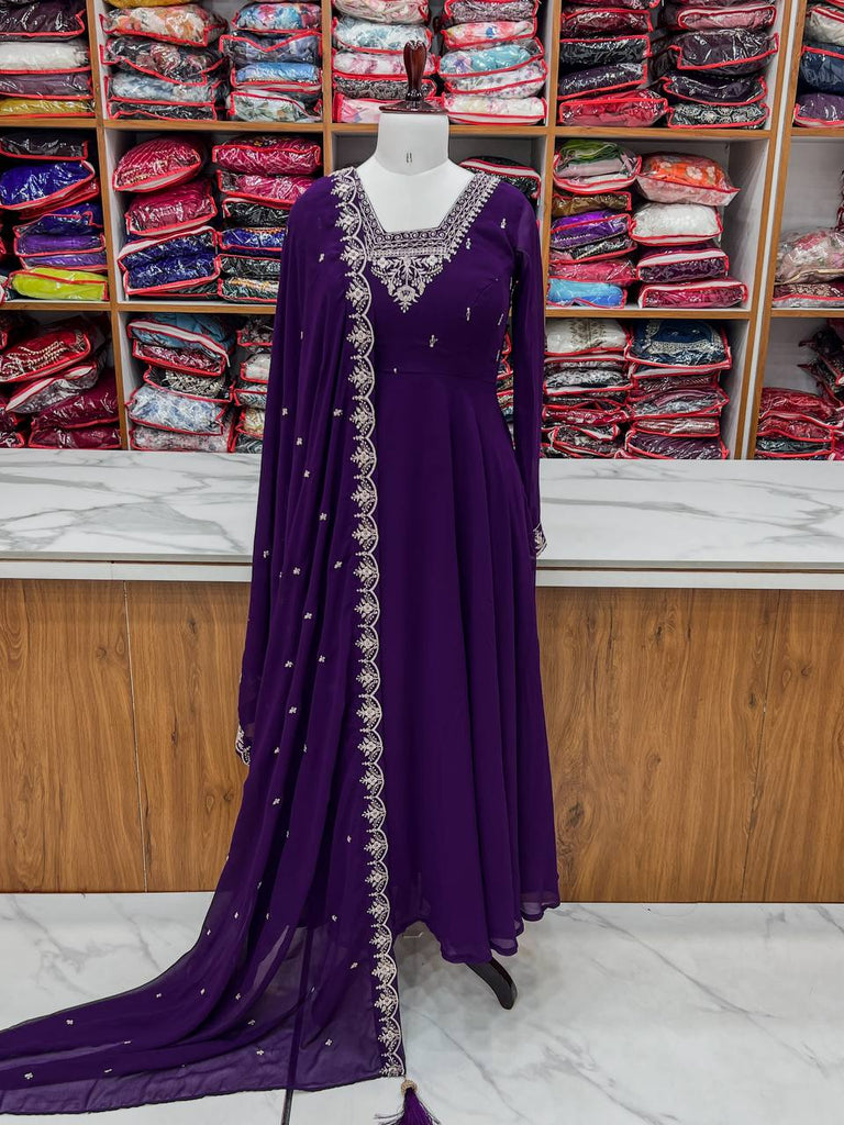 Purple Premium Soft Fox Georgette Fully Flared Anarkali Set with Dupatta & Pant Clothsvilla