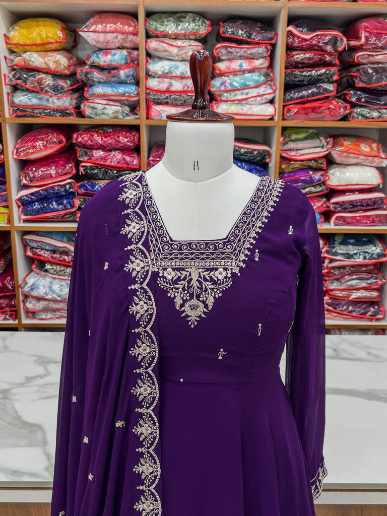 Purple Premium Soft Fox Georgette Fully Flared Anarkali Set with Dupatta & Pant Clothsvilla