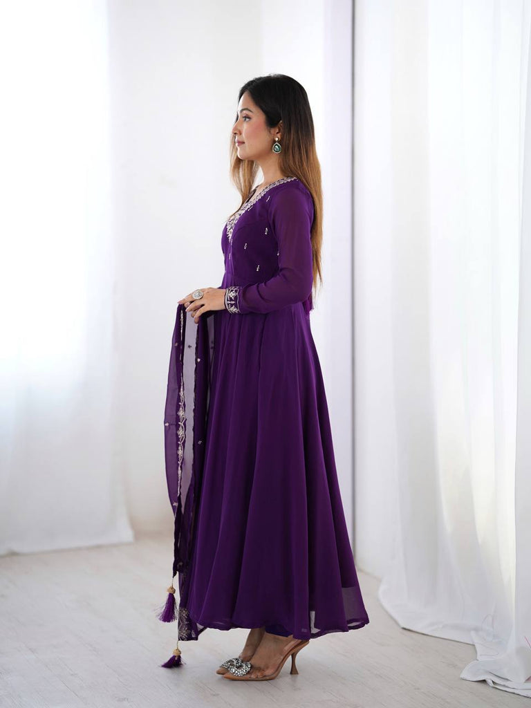 Purple Premium Soft Fox Georgette Fully Flared Anarkali Set with Dupatta & Pant Clothsvilla