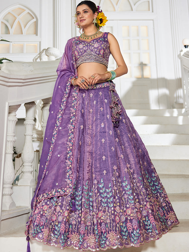 Purple Premium Tissue Fabric Semi-Stitched Lehenga Set with Sequins, Coding & Thread Embroidery Work ClothsVilla