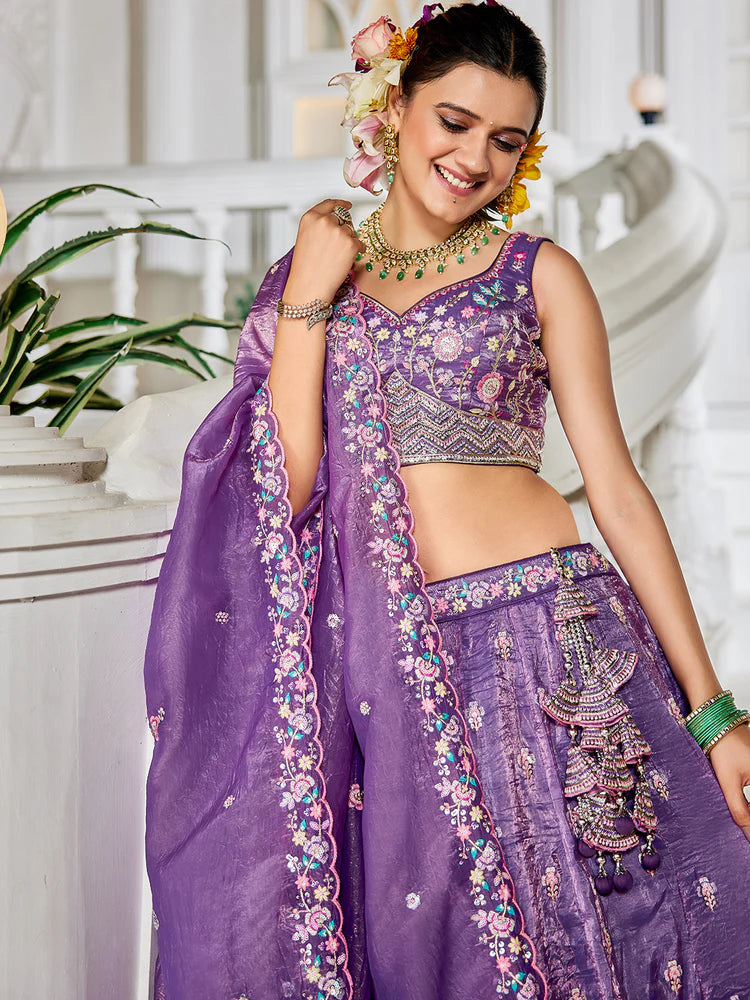 Purple Premium Tissue Fabric Semi-Stitched Lehenga Set with Sequins, Coding & Thread Embroidery Work ClothsVilla