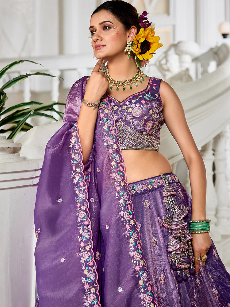 Purple Premium Tissue Fabric Semi-Stitched Lehenga Set with Sequins, Coding & Thread Embroidery Work ClothsVilla