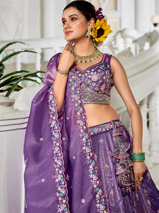 Purple Premium Tissue Fabric Semi-Stitched Lehenga Set with Sequins, Coding & Thread Embroidery Work ClothsVilla