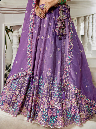 Purple Premium Tissue Fabric Semi-Stitched Lehenga Set with Sequins, Coding & Thread Embroidery Work ClothsVilla