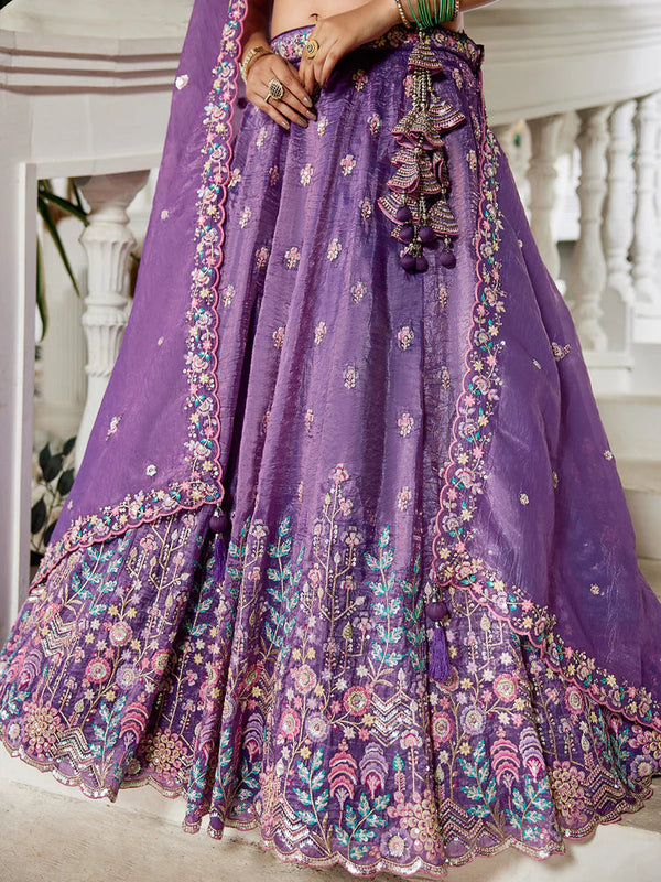 Purple Premium Tissue Fabric Semi-Stitched Lehenga Set with Sequins, Coding & Thread Embroidery Work ClothsVilla