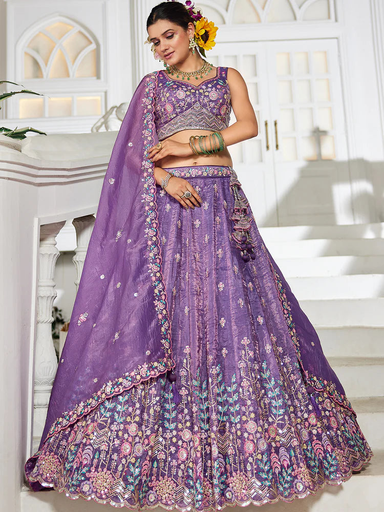 Purple Premium Tissue Fabric Semi-Stitched Lehenga Set with Sequins, Coding & Thread Embroidery Work ClothsVilla