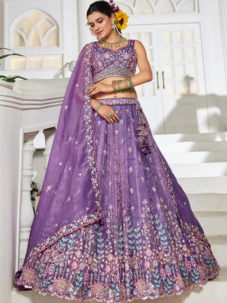Purple Premium Tissue Fabric Semi-Stitched Lehenga Set with Sequins, Coding & Thread Embroidery Work ClothsVilla