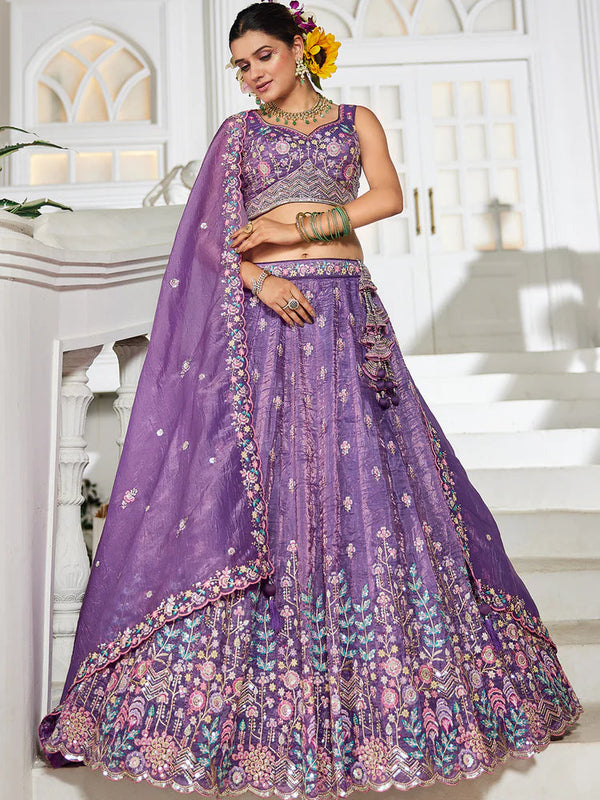 Purple Premium Tissue Fabric Semi-Stitched Lehenga Set with Sequins, Coding & Thread Embroidery Work ClothsVilla