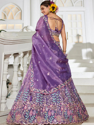 Purple Premium Tissue Fabric Semi-Stitched Lehenga Set with Sequins, Coding & Thread Embroidery Work ClothsVilla