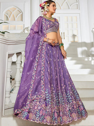 Purple Premium Tissue Fabric Semi-Stitched Lehenga Set with Sequins, Coding & Thread Embroidery Work ClothsVilla
