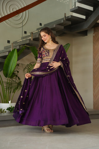 Purple Premium Vichitra Silk Gown with Sequins & Zari Embroidery ClothsVilla