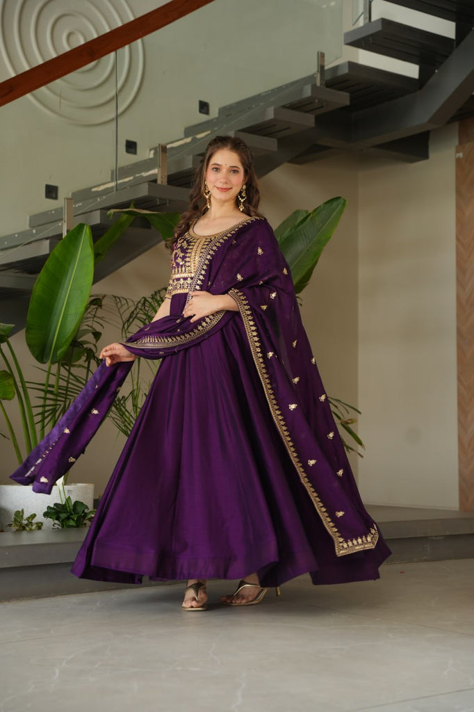 Purple Premium Vichitra Silk Gown with Sequins & Zari Embroidery ClothsVilla