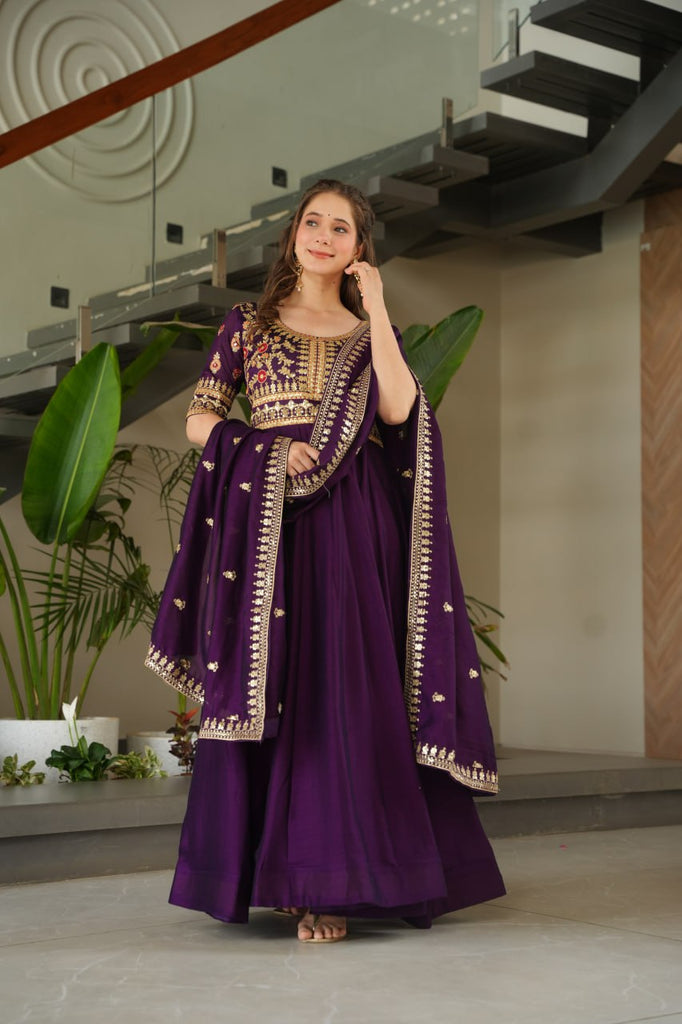 Purple Premium Vichitra Silk Gown with Sequins & Zari Embroidery ClothsVilla