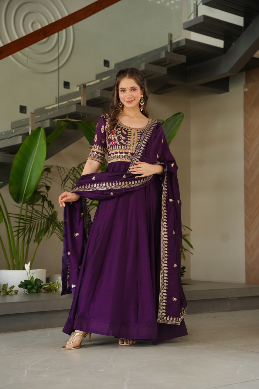 Purple Premium Vichitra Silk Gown with Sequins & Zari Embroidery ClothsVilla