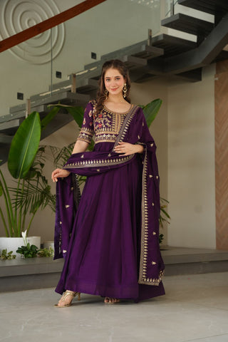 Purple Premium Vichitra Silk Gown with Sequins & Zari Embroidery ClothsVilla
