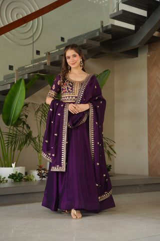 Purple Premium Vichitra Silk Gown with Sequins & Zari Embroidery ClothsVilla