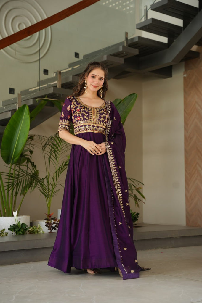 Purple Premium Vichitra Silk Gown with Sequins & Zari Embroidery ClothsVilla