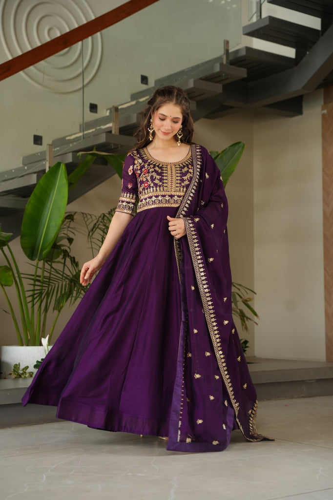 Purple Premium Vichitra Silk Gown with Sequins & Zari Embroidery ClothsVilla