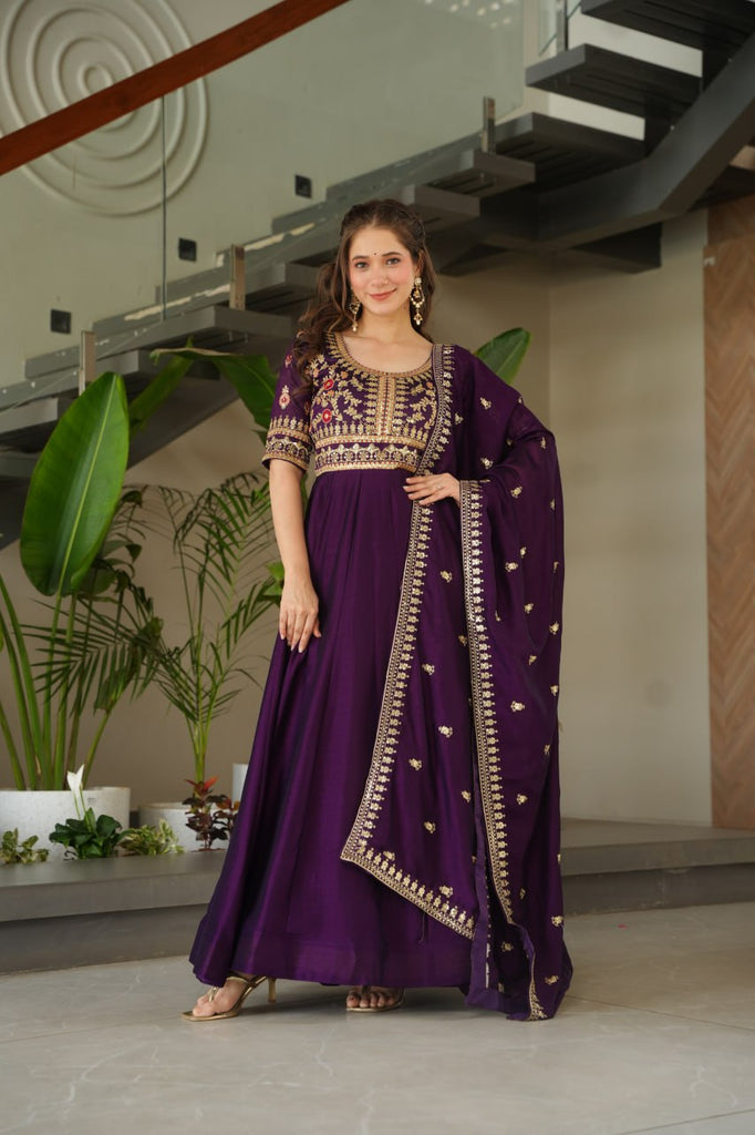 Purple Premium Vichitra Silk Gown with Sequins & Zari Embroidery ClothsVilla