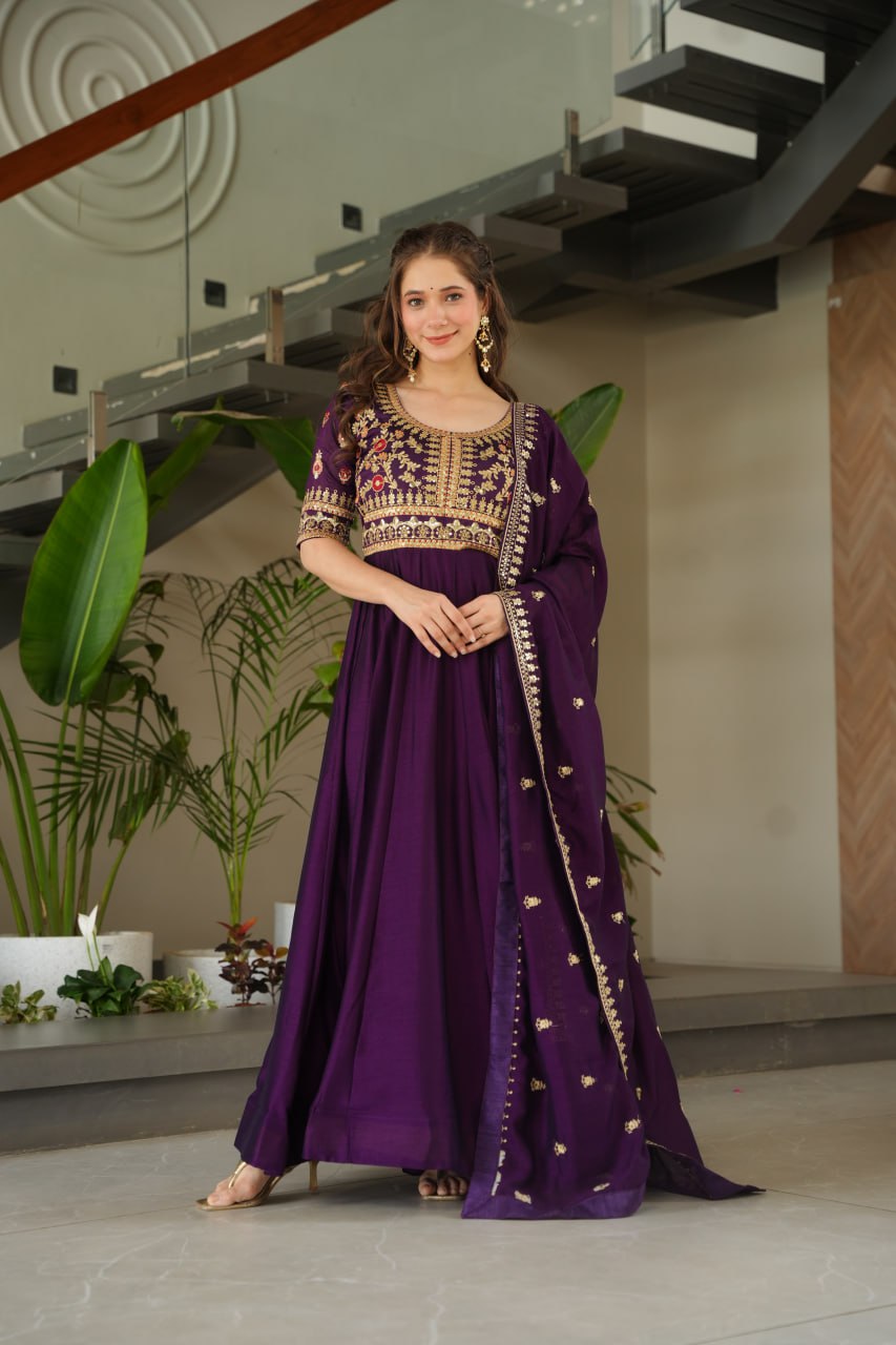 Purple Premium Vichitra Silk Gown with Sequins & Zari Embroidery ClothsVilla