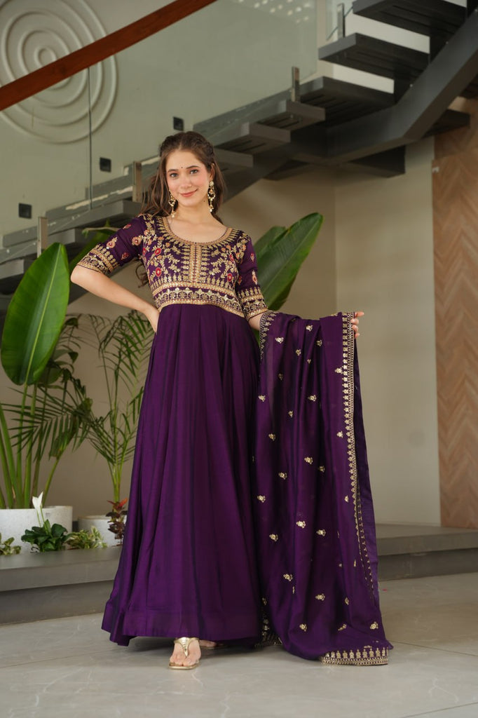 Purple Premium Vichitra Silk Gown with Sequins & Zari Embroidery ClothsVilla