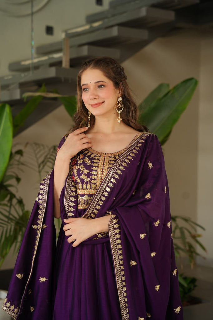 Purple Premium Vichitra Silk Gown with Sequins & Zari Embroidery ClothsVilla