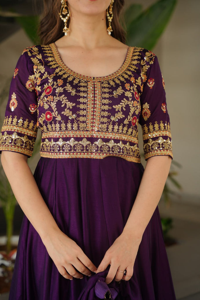 Purple Premium Vichitra Silk Gown with Sequins & Zari Embroidery ClothsVilla