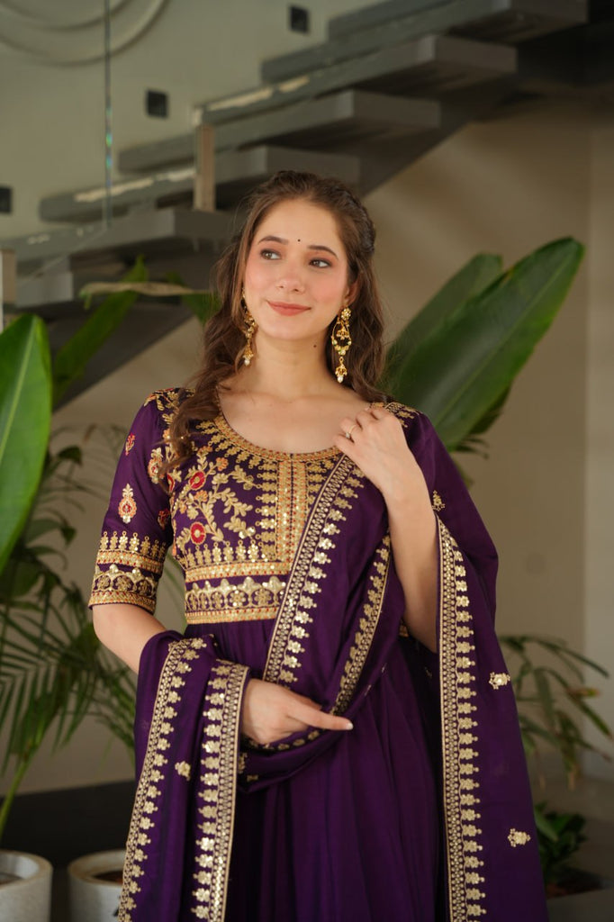 Purple Premium Vichitra Silk Gown with Sequins & Zari Embroidery ClothsVilla