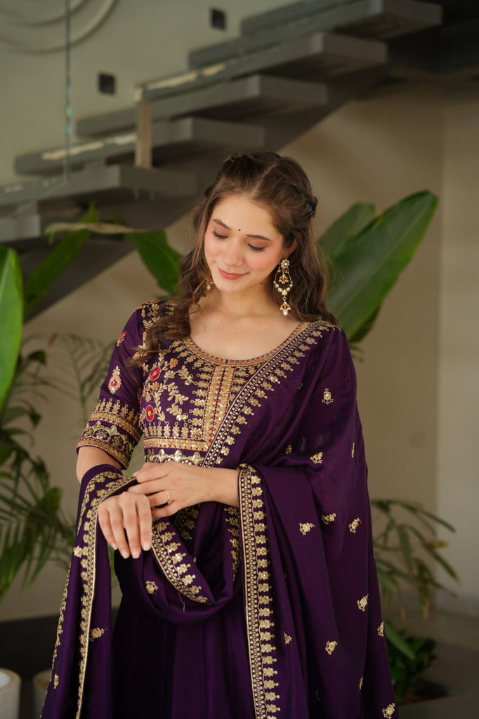 Purple Premium Vichitra Silk Gown with Sequins & Zari Embroidery ClothsVilla