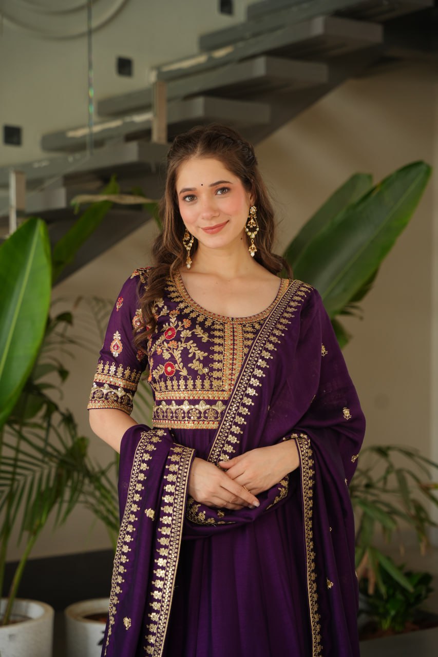 Purple Premium Vichitra Silk Gown with Sequins & Zari Embroidery ClothsVilla