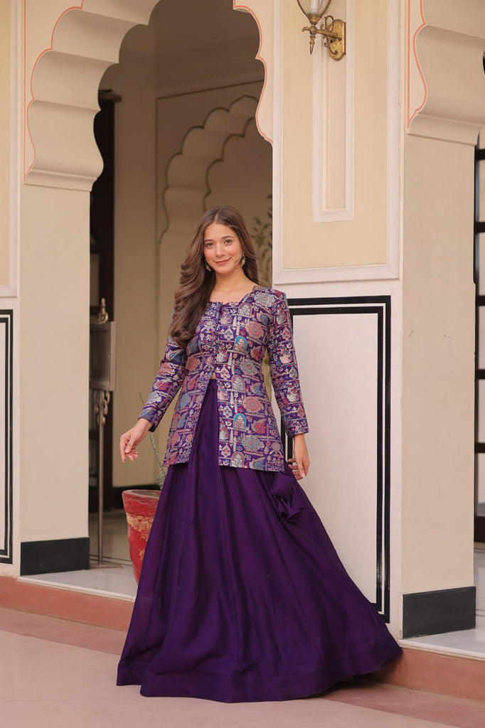 Purple Premium Vichitra Silk Lehenga Set with Jequard Blouse & Hexagon Latkan Detailing ClothsVilla