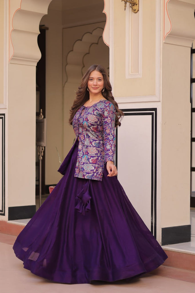 Purple Premium Vichitra Silk Lehenga Set with Jequard Blouse & Hexagon Latkan Detailing ClothsVilla