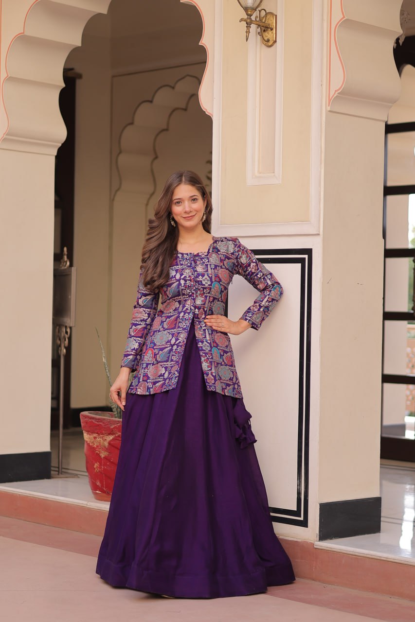 Purple Premium Vichitra Silk Lehenga Set with Jequard Blouse & Hexagon Latkan Detailing ClothsVilla Main image
