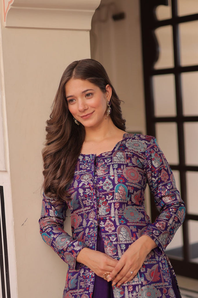 Purple Premium Vichitra Silk Lehenga Set with Jequard Blouse & Hexagon Latkan Detailing ClothsVilla