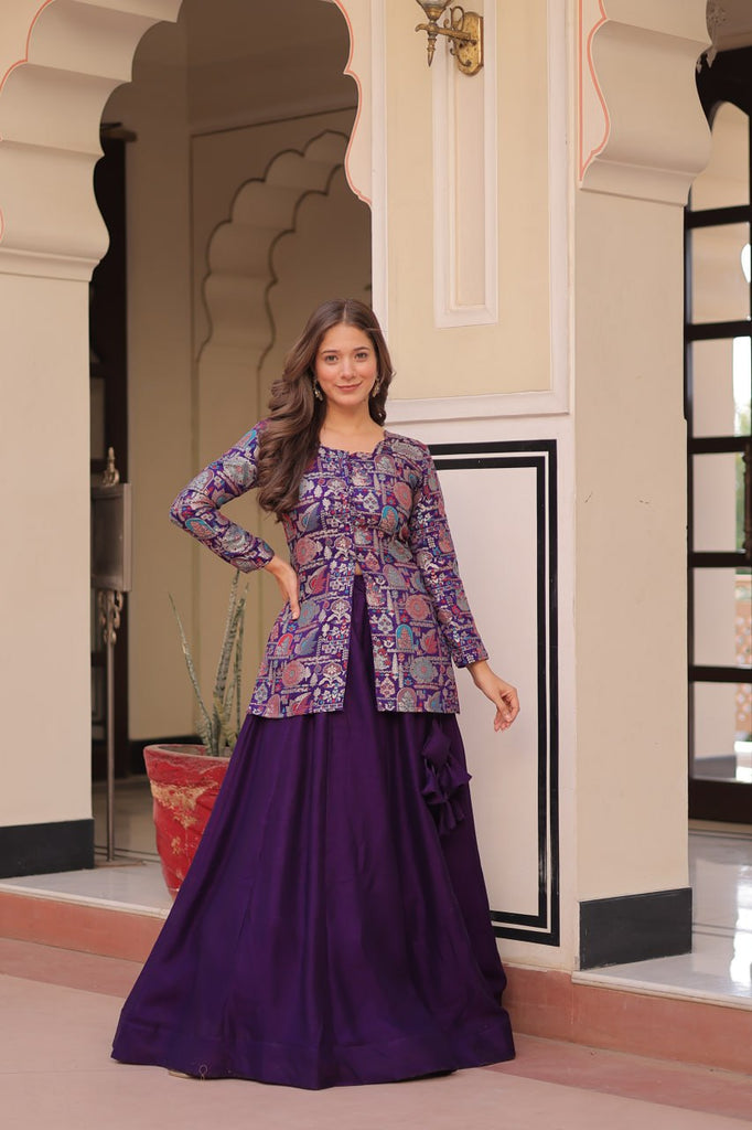Purple Premium Vichitra Silk Lehenga Set with Jequard Blouse & Hexagon Latkan Detailing ClothsVilla