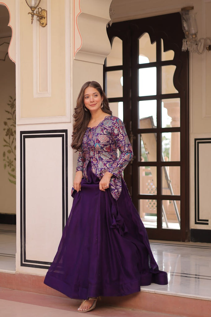 Purple Premium Vichitra Silk Lehenga Set with Jequard Blouse & Hexagon Latkan Detailing ClothsVilla