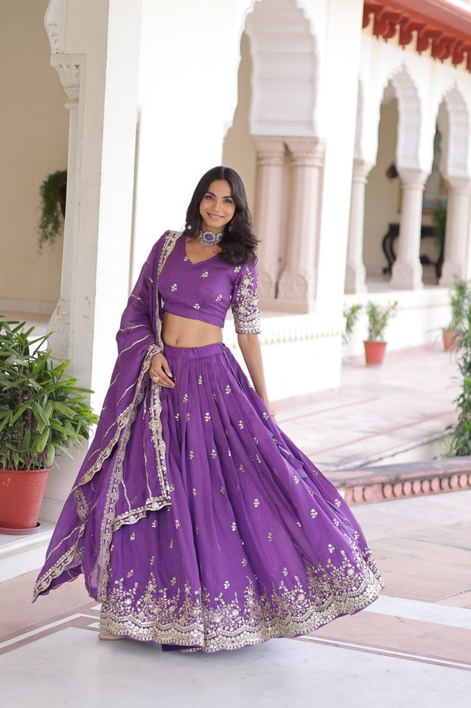 Purple Premium Vichitra Silk Sequins & Zari Multi-Embroidered Lehenga Choli Set ClothsVilla