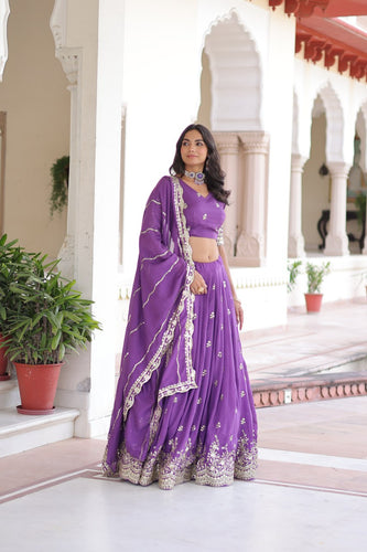 Purple Premium Vichitra Silk Sequins & Zari Multi-Embroidered Lehenga Choli Set ClothsVilla