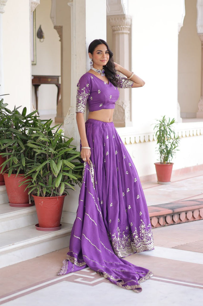 Purple Premium Vichitra Silk Sequins & Zari Multi-Embroidered Lehenga Choli Set ClothsVilla