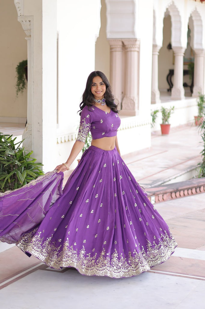 Purple Premium Vichitra Silk Sequins & Zari Multi-Embroidered Lehenga Choli Set ClothsVilla