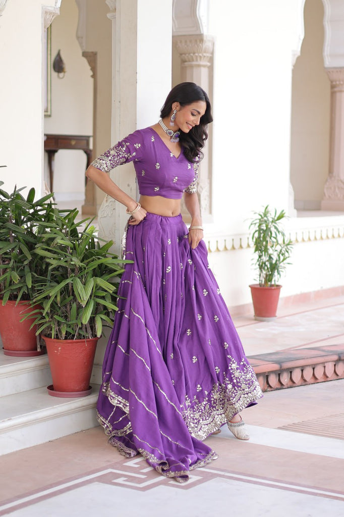 Purple Premium Vichitra Silk Sequins & Zari Multi-Embroidered Lehenga Choli Set ClothsVilla
